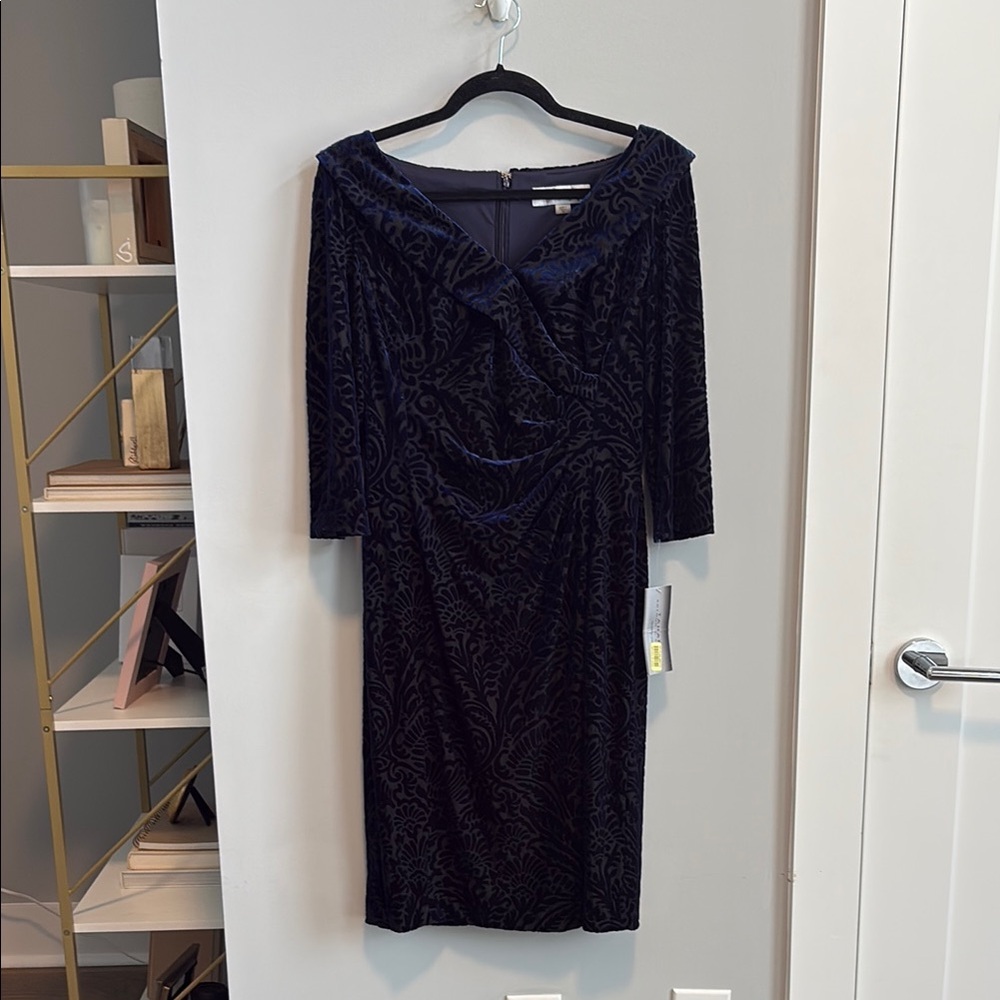 Tahari Blue Velvet Cowl Neck Ruched Sheath Dress